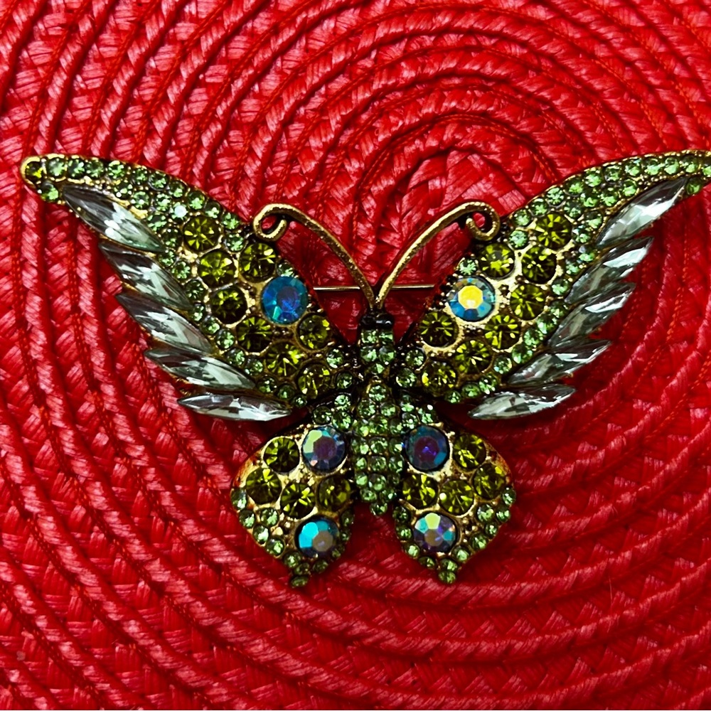 & 2 3/4 in Sparkling rhinestone butterfly brooch in shades of green